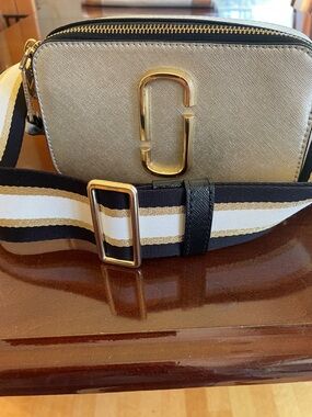 Marc Jacobs Gold Leather Crossbody with Navy and White Striped Strap